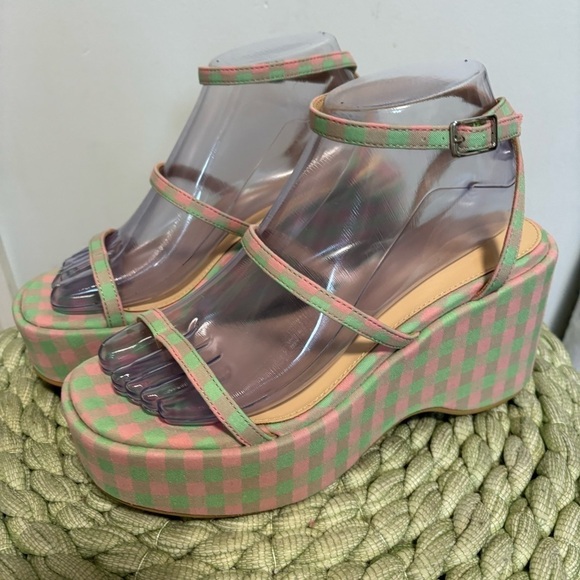 NEW Urban Outfitters UO Nora Strappy Green/Pink Plaid Platform Wedge Sandal - Picture 4 of 15